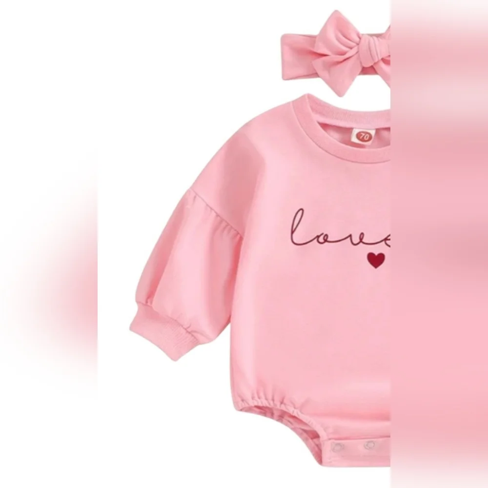 Baby Girls Valentines Loved Red Pink Heart Romper Bubble with Headband - Picture 2 of 7